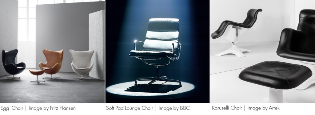 Trio of iconic chairs (L-R) Egg Chair, Mastermind Chair, Karuselli Chair. All featured in the Heal's Furniture Pub Quiz