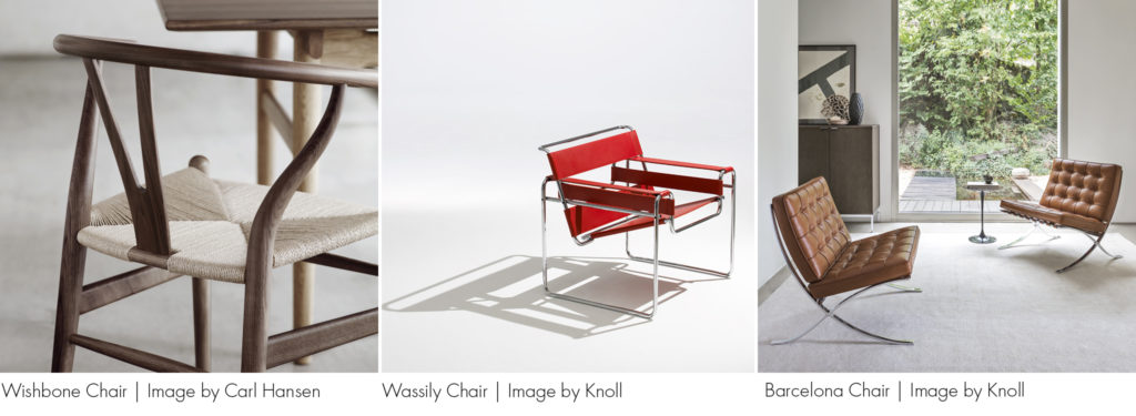 Trio of iconic chairs (L-R) Wishbone Chair, Wassily Chair, Barcelona Chair. All featured in the Heal's Furniture Pub Quiz